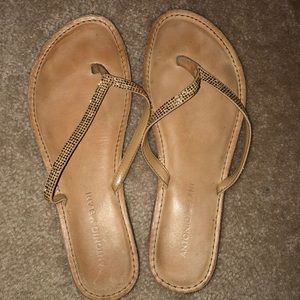 Antonio Melani Tan Leather Rhinestone Flip Flops